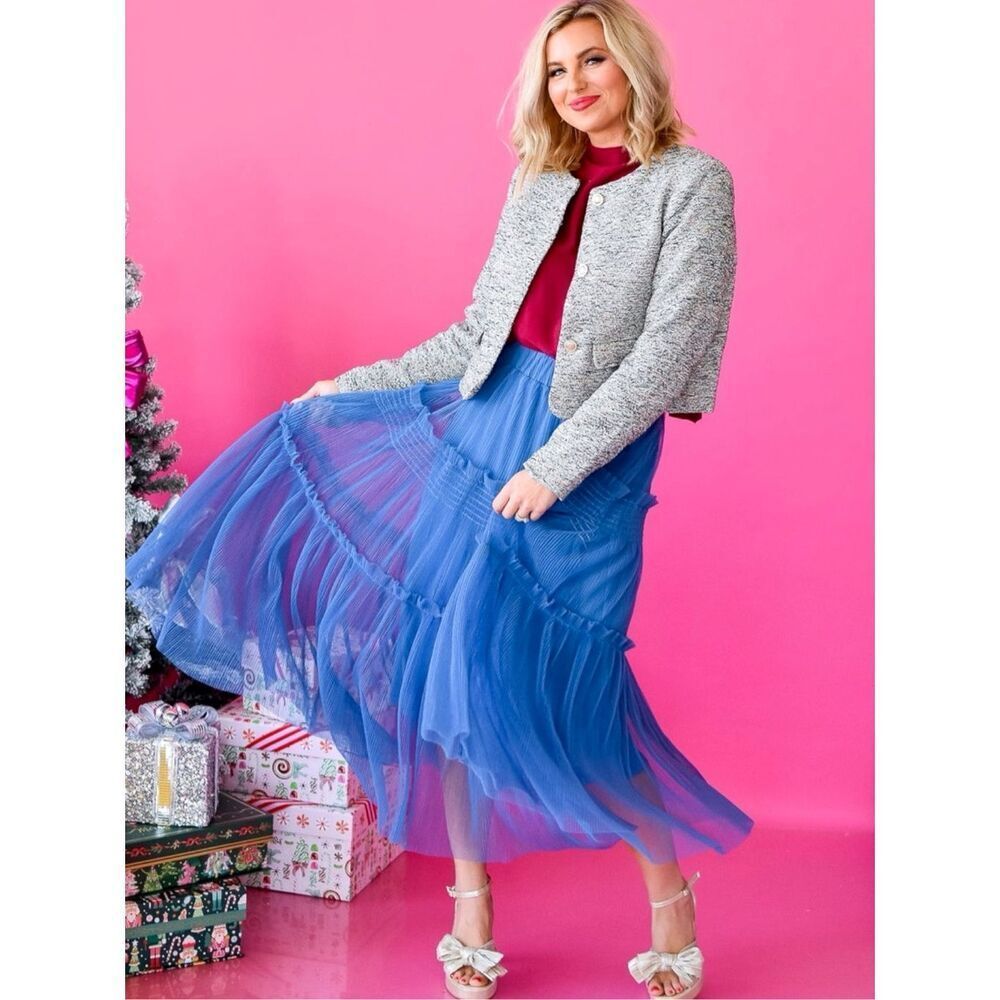 Annie Wear Royal Blue Tulle Tiered Midi Skirt Mesh Balletcore Princess Flowy NWT - Picture 2 of 16